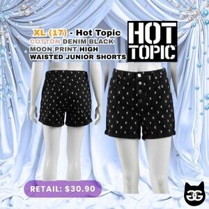 XL Size 17 - HT Denim Black & White Moon Print Hi-Rise Button Cotton Goth Shorts